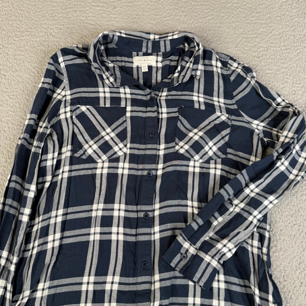 Lucky Brand Button Down Women Blue Plaid Long Sleeve Chest Pockets Stretch Top